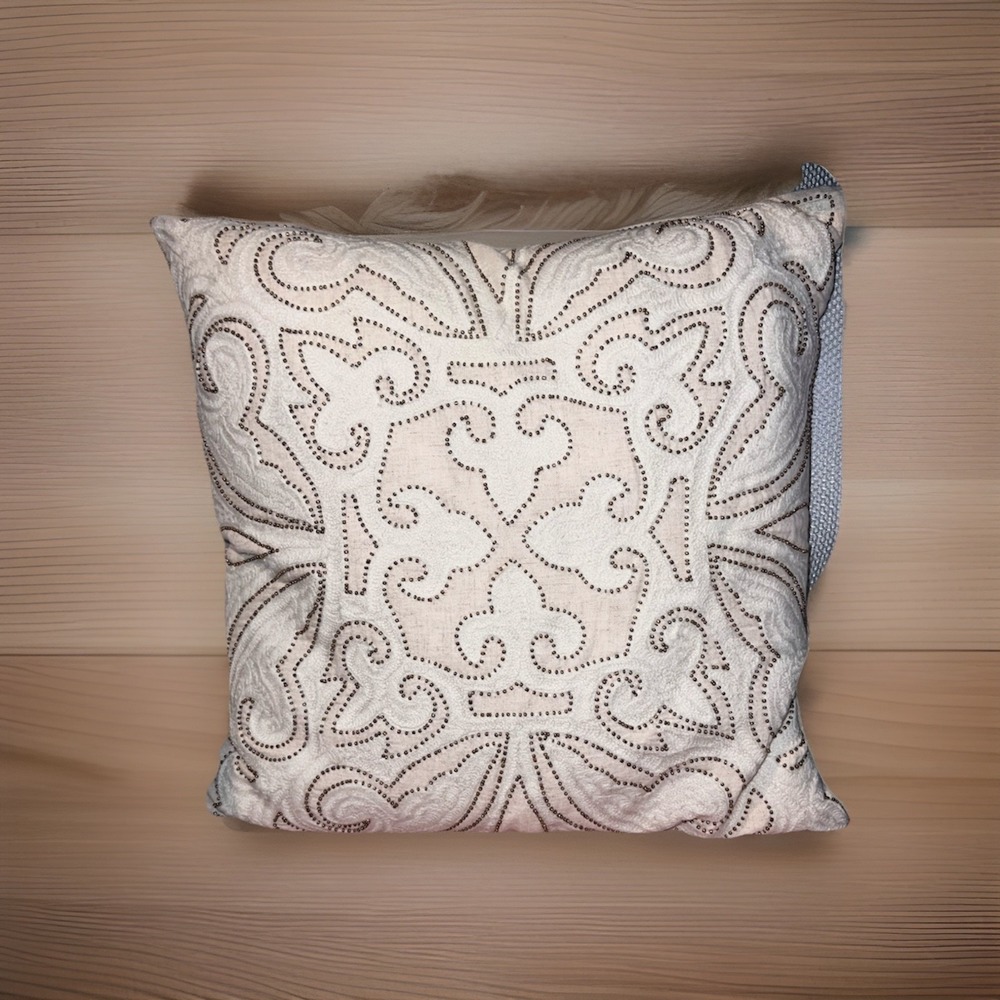 Linen‎ Blend Beaded Embroidered Square Pillow Sham On A Feather Filled Pillow